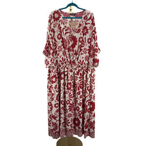 BLOOMCHIC 12 L White Floral Print V Neck Pockets Midi Dress NWT B29